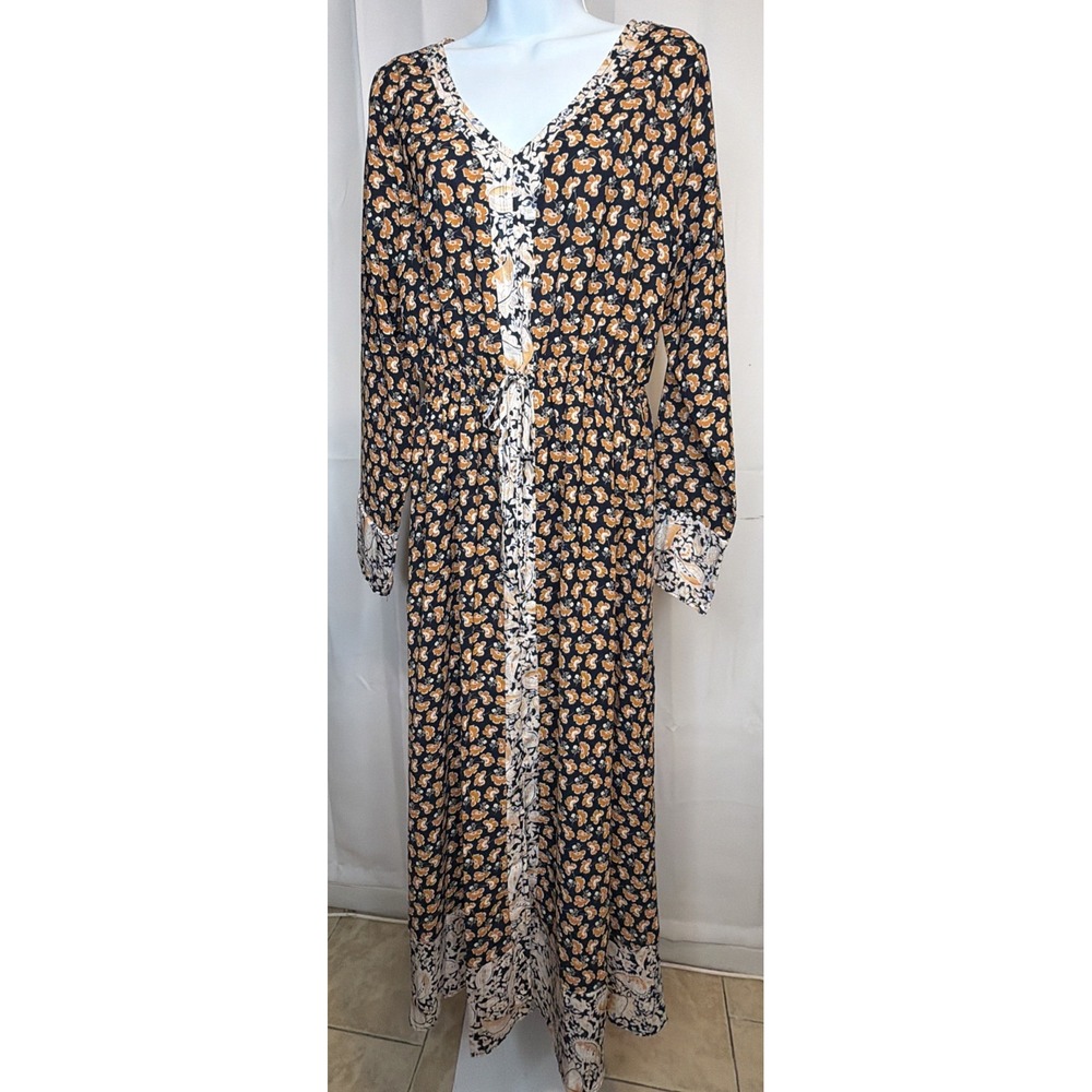 GiGiO USA Women's S Floral Paisley Maxi Dress Boho Long Sleeve Drawstring